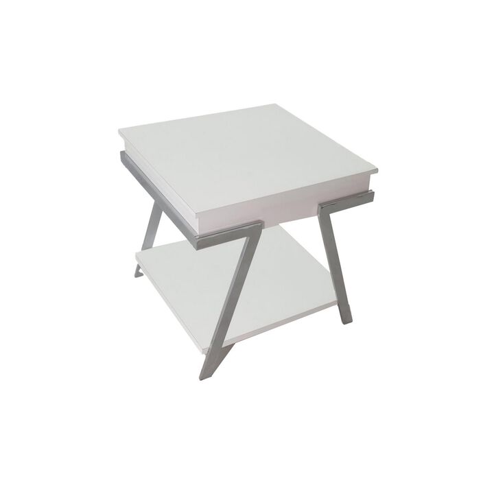 Casey 26 Inch End Table, Chrome Angled Metal Frame, Square Glossy White Top - Benzara