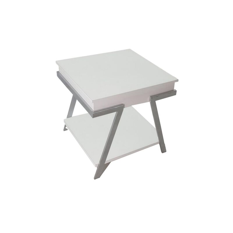 Casey 26 Inch End Table, Chrome Angled Metal Frame, Square Glossy White Top - Benzara