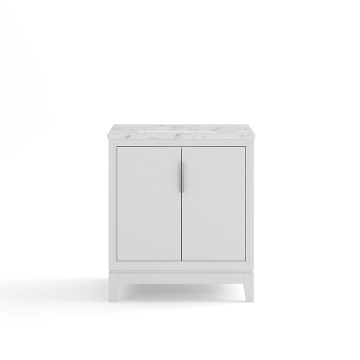 Elizabeth 30 In. Single Sink Carrara White Marble Countertop Bath Vanity In Pure White with Brushed Silver Hardware