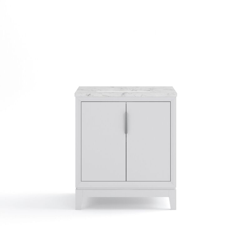 Elizabeth 30 In. Single Sink Carrara White Marble Countertop Bath Vanity In Pure White with Brushed Silver Hardware