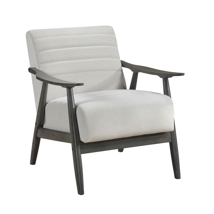 Tira 32 Inch Accent Chair, Channel Stitched, White Velvet, Gray Solid Wood - Benzara