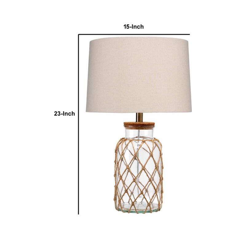 Glass Table Lamp with Jute Wrapped Design, Clear and Brown-Benzara