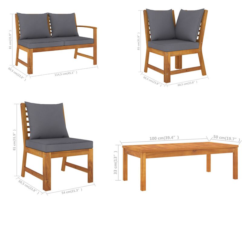 Roma 4pc Modular Outdoor Sofa and Table Set, Solid Acacia Wood, Gray - Benzara