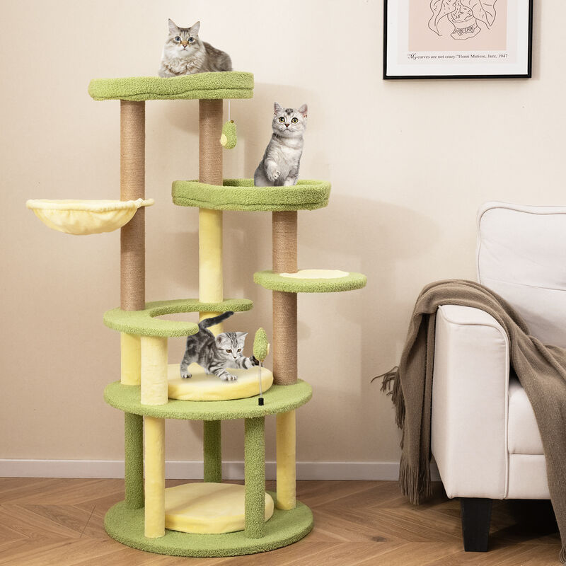Multi-level Cat Tree Avocado Theme Cat Tower with Wide Perch Rotatable Basket