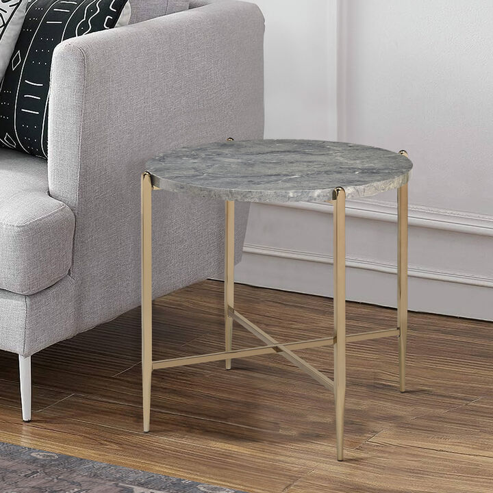 End Table with Oval Marble Top and X Shaped Support, Gray and Gold-Benzara