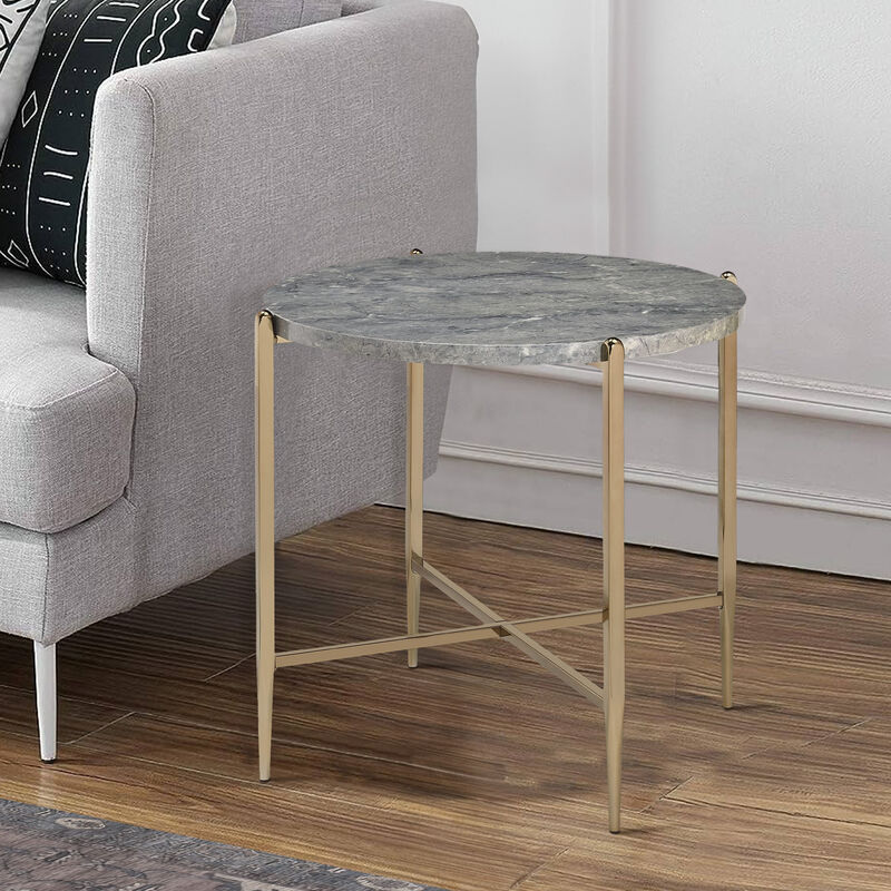 End Table with Oval Marble Top and X Shaped Support, Gray and Gold-Benzara