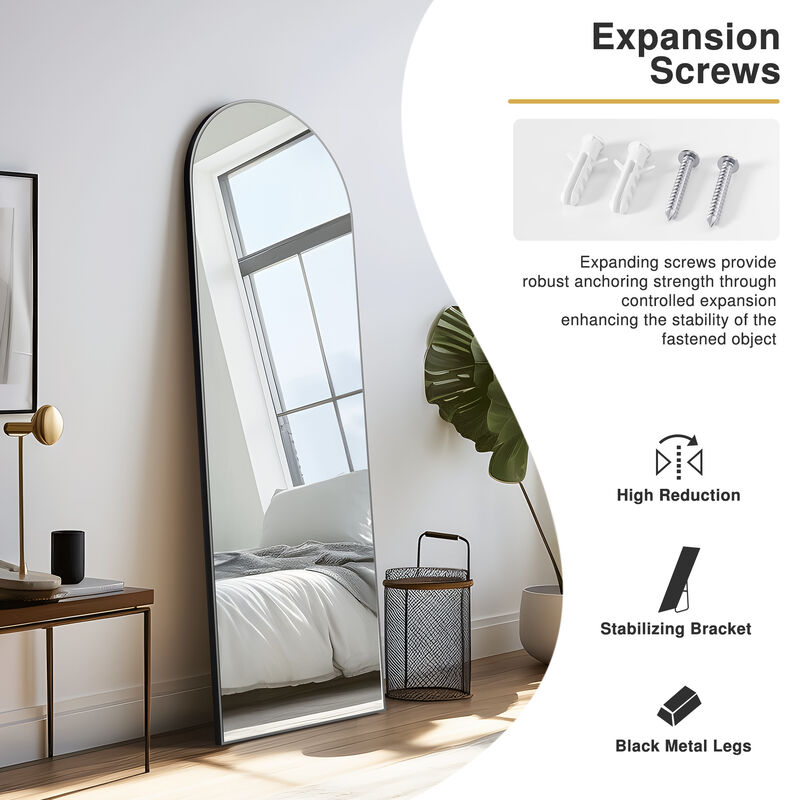 71*24in Arched Black Rectangle Wood Framed Full-length Mirror with Stand