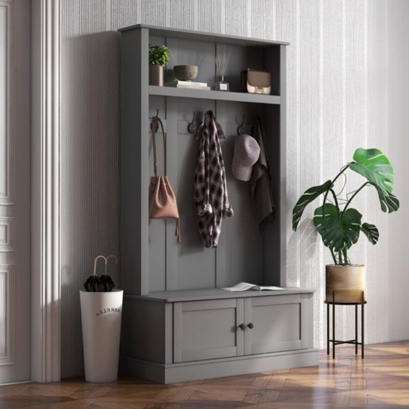 Hall Tree Entryway Bench with Coat Rack & Storage Cabinet For Multi-Functional Organizer