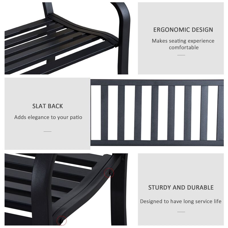 Poolside Duo Seat: 50" Black Metal Slatted Patio Bench for Two