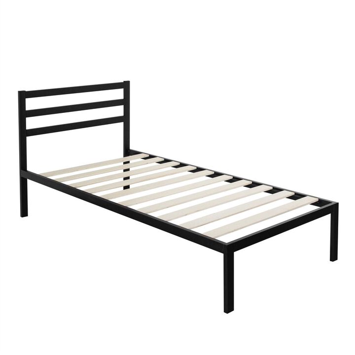 QuikFurn Twin Modern Metal Platform Bed Frame with Headboard and Wood Slats
