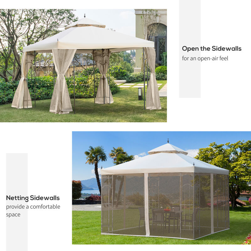 10' x 10' Steel Gazebo Outdoor Garden Canopy with Mesh Curtains, Cream White