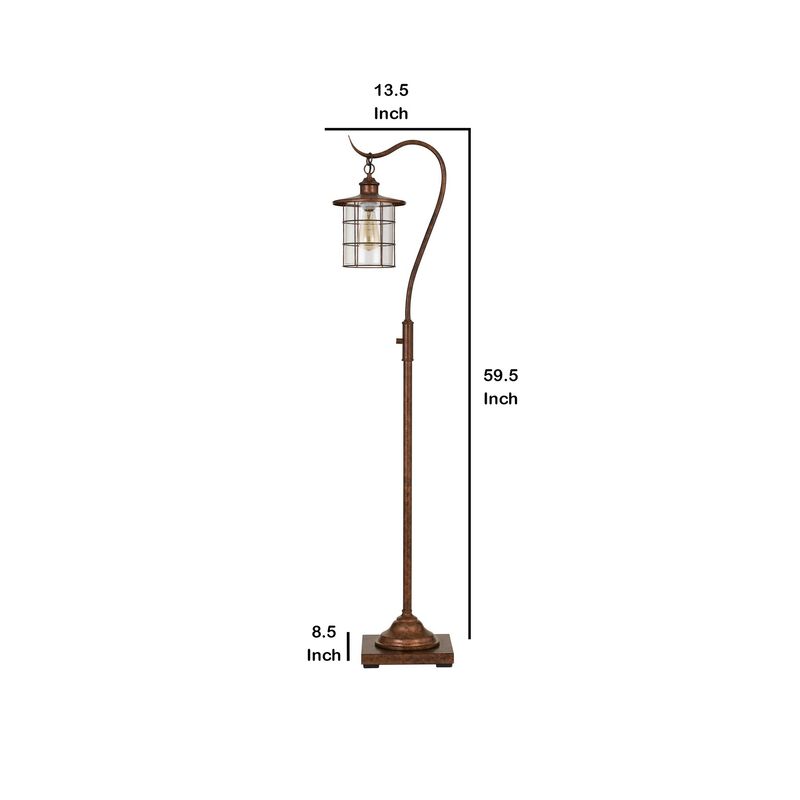 60 Inch Metal Downbridge Design Floor Lamp with Caged Shade, Rustic Bronze-Benzara