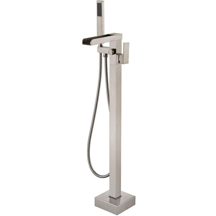 Bathroom Freestanding Waterfall Tub Filler Brushed Nickel Floor Mount Faucet With Hand Shower