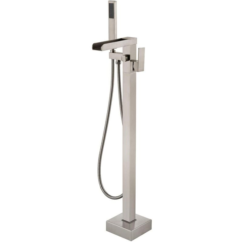 Bathroom Freestanding Waterfall Tub Filler Brushed Nickel Floor Mount Faucet With Hand Shower