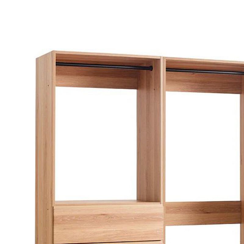 Dee Modular Closet System, Freestanding, 4 Clothing Racks, 6 Drawers, Oak  - Benzara