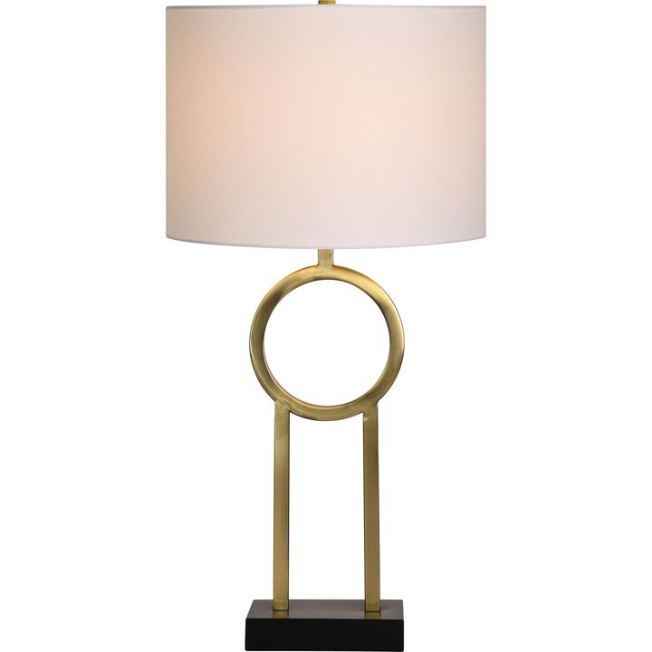 Set of 2 Antique Brass Iron Table Lamps with Off White Modified Drum Shade 28.5"