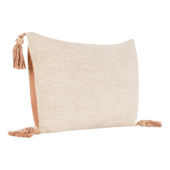 Chia Lumbar Throw Pillow, 14x26in Wood Bead Tassels, Light Brown Linen - Benzara