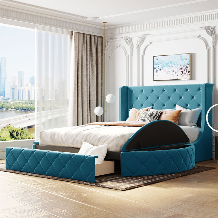 Streamdale Queen Velvet Platform Bed with Headboard & Drawer