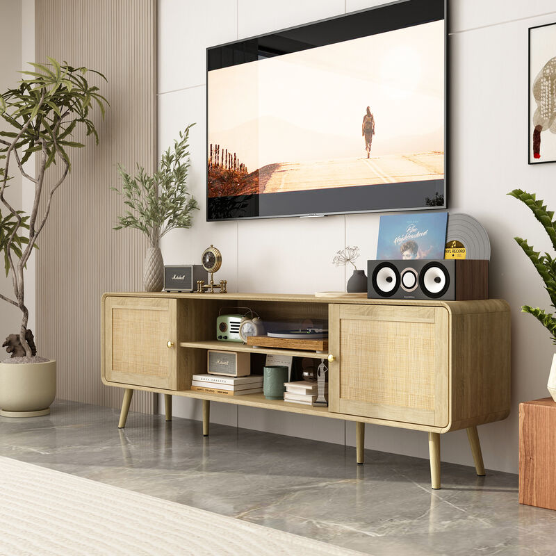 FUFU&GAGA Modern Rattan TV Stand with Storage Cabinets & Shelves, Gold Accents (70.9" W x 13.9" D x 23.2" H),Natural Wood Finish