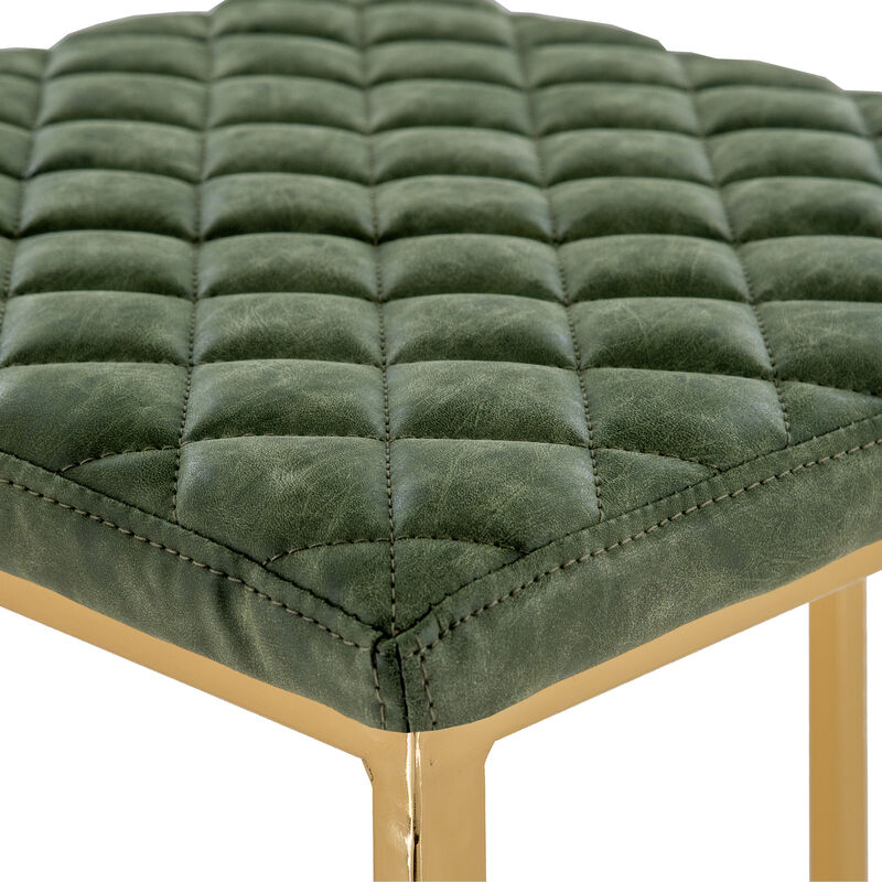 LeisureMod Quincy Stitched Leather Gold Metal Bar Stools in Olive Green