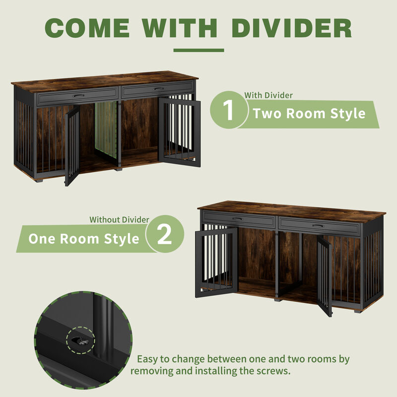 Furniture Style Dog Crates, Large Wooden Pet Kennels with Drawers and Divider, Heavy Duty Dog Cage, Black and Tiger Skin