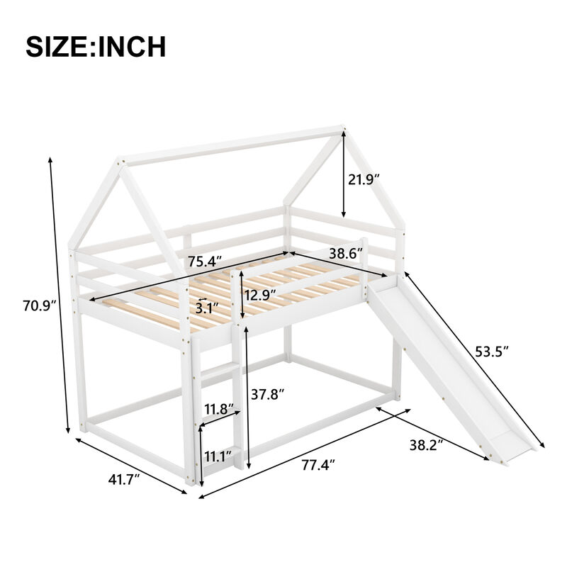 Twin Size Bunk House Bed with Slide and Ladder