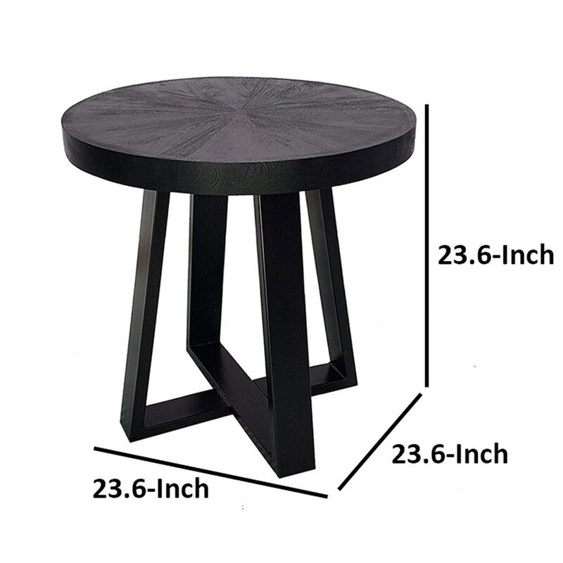 Benjara Raj 24 Inch Round Side End Table, Cross Legs Design, Black Acacia Wood Iron