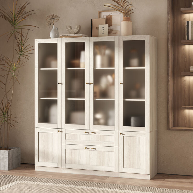 FUFU&GAGA Modern Wood Grain Food Pantry Cabinet with Adjustable Shelves and Lockable Drawers (63" W x 70.9" H x 15.7" D), Elegant Glass Doors and Brass Pull Handles