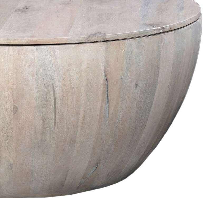 37 Inch Round Coffee Table, Handcrafted Drum Shape with Storage, Washed White Mango Wood - Benzara