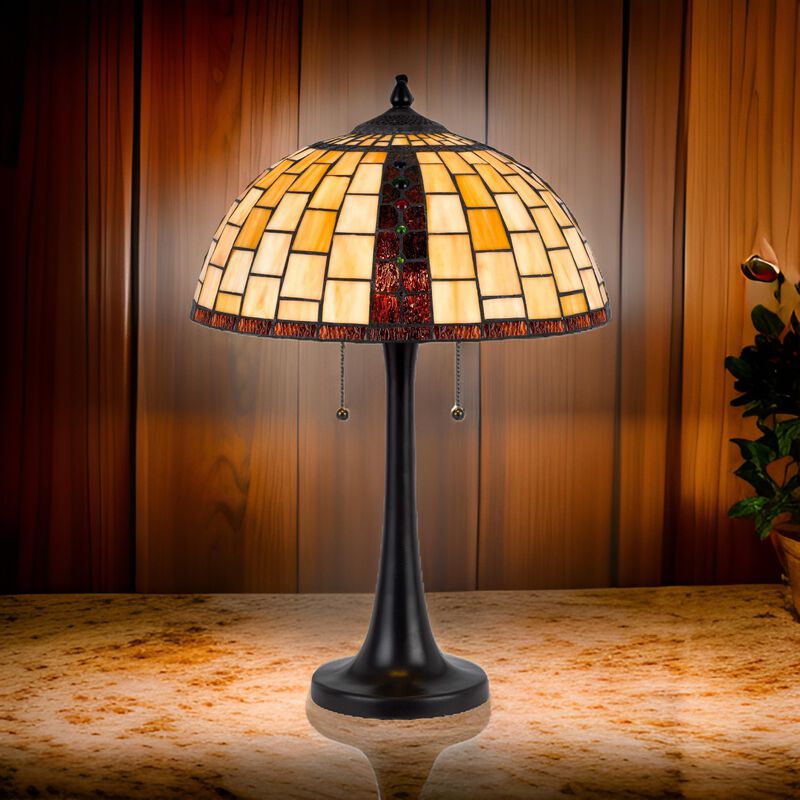 24 Inch Table Lamp, Tiffany Style Stained Glass, Pull Chain, Black Resin - Benzara