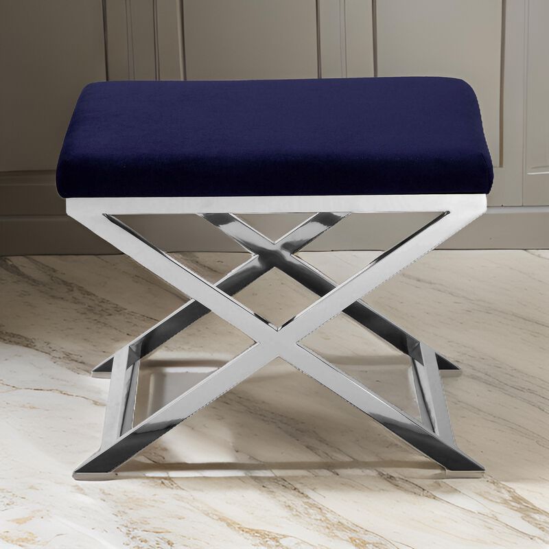 Sovi 20 Inch Accent Stool Ottoman, X Shape Steel Legs, Navy Blue Velvet - Benzara