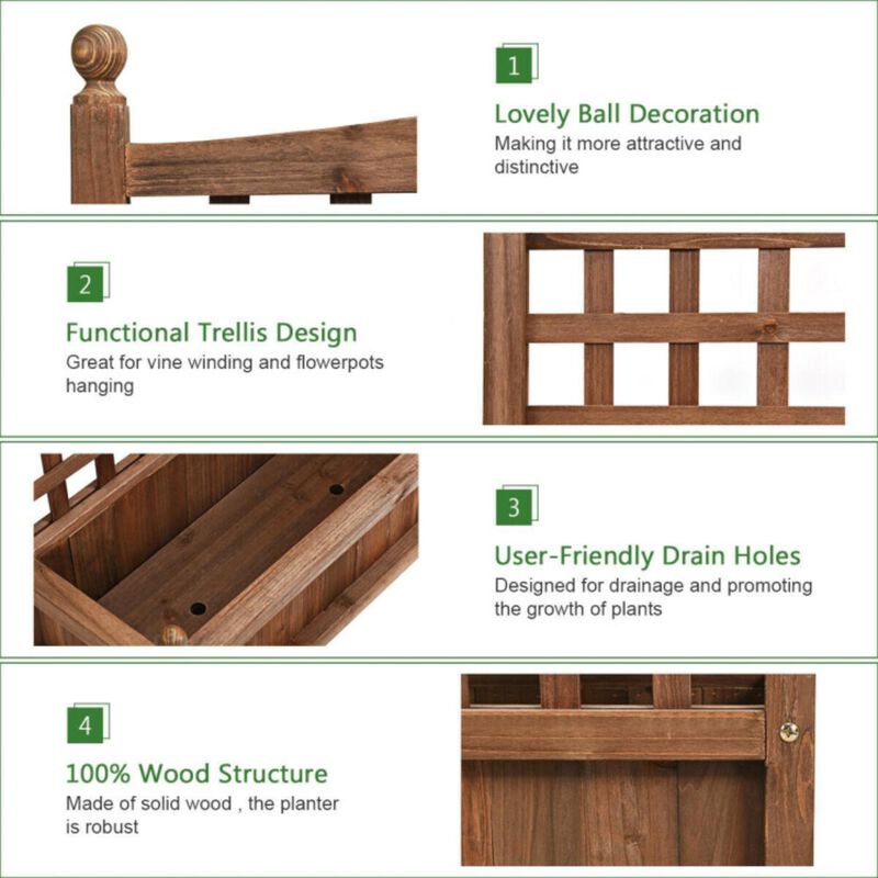 Hivvago Solid Wood Planter Box with Trellis Weather-resistant Outdoor