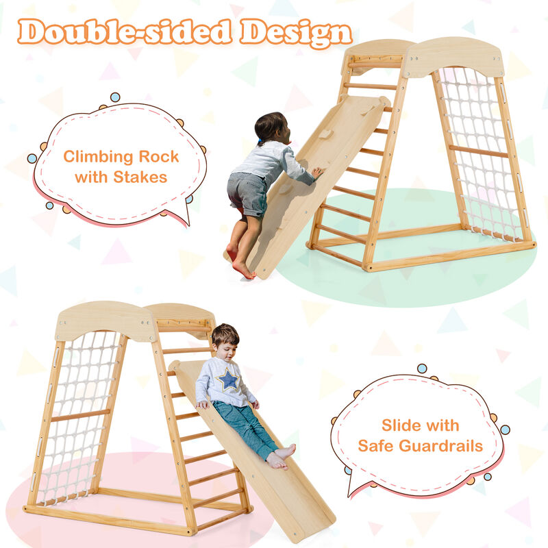 6-in-1 Jungle Gym Wooden Indoor Playground with Double-Sided Ramp and Monkey Bars