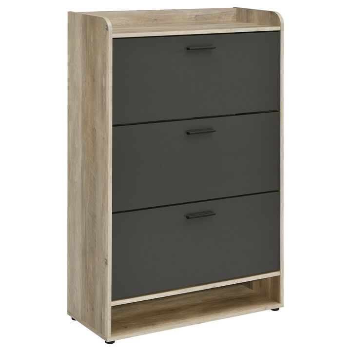 Danny Shoe Storage Cabinet, 3 Tiered, Bottom Shelf, Antiqued Gray Pine - Benzara