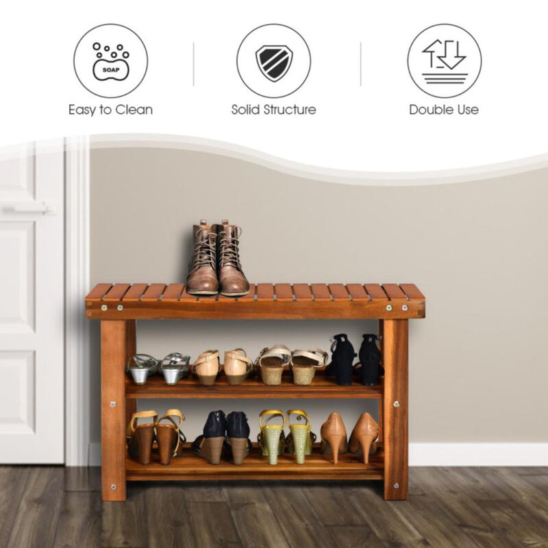 Hivvago Freestanding Wood Bench with 3-Tier Storage Shelves