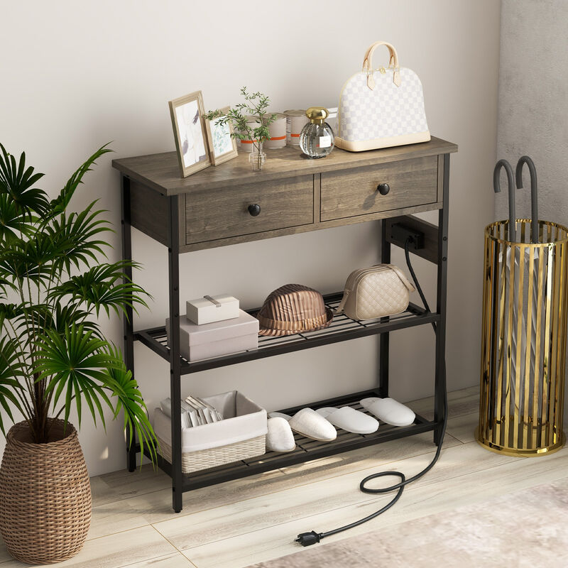 Narrow Console Table with 2 Drawers and 2 Metal Mesh Shelves