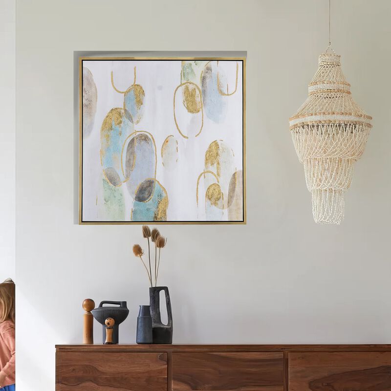 39 x 39 Square Wall Art Oil Painting, Abstract Circles, Gold, White, Green - Benzara