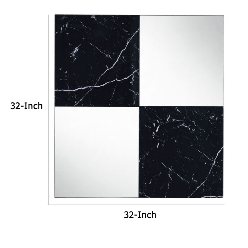 Contemporary Square Accent Wall Mirror with Faux Marble, Silver and Black-Benzara