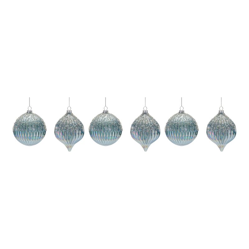 Beaded Irredescent Wintery Blue Glass Ornament (Set of 6)