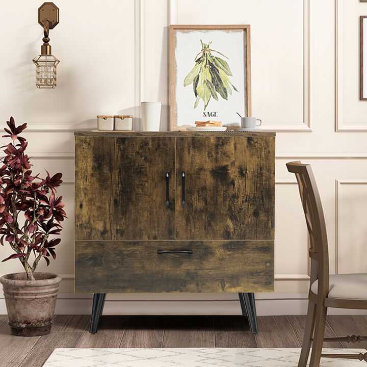 Mid Century Storage Cabinet with 2 Doors and 1 Pull-out Drawer-Rustic Brown