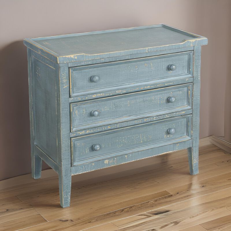 Rena Side End Table with 3 Drawers, 28 Inch Rustic Green Mahogany Wood - Benzara