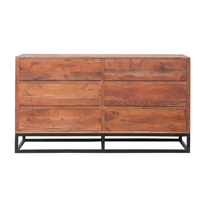 Modern Acacia Wood Dresser or Display Unit With Metal Base, Walnut Brown and Black