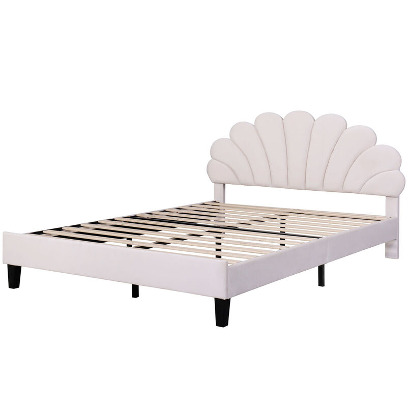 Queen Size Upholstered Platform Bed With Flower Pattern Velvet Headboard