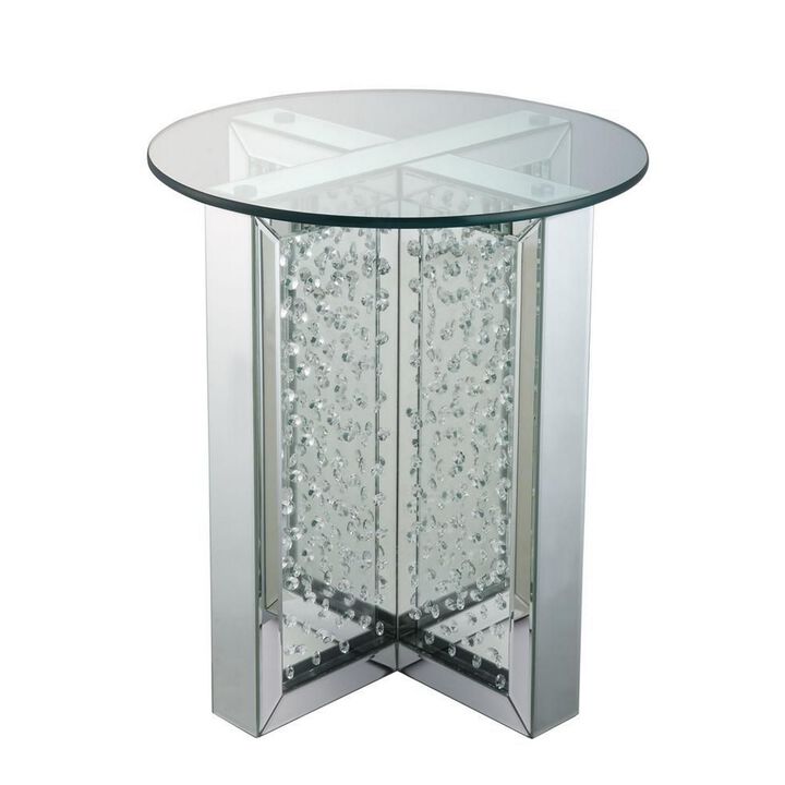 Round Mirrored Metal End Table with Glass Top and Crystal Accent Base, Silver-Benzara