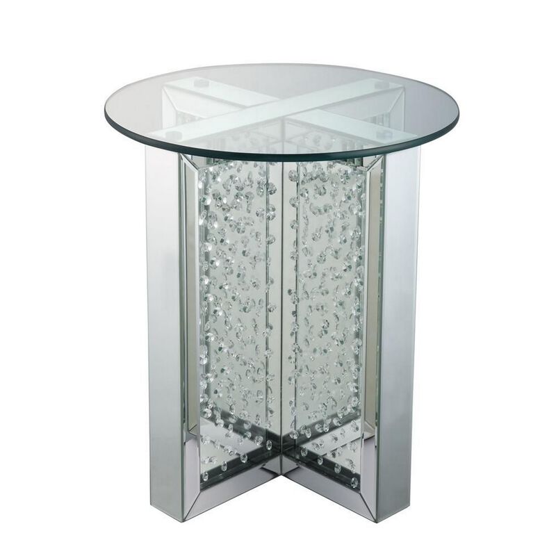 Round Mirrored Metal End Table with Glass Top and Crystal Accent Base, Silver-Benzara