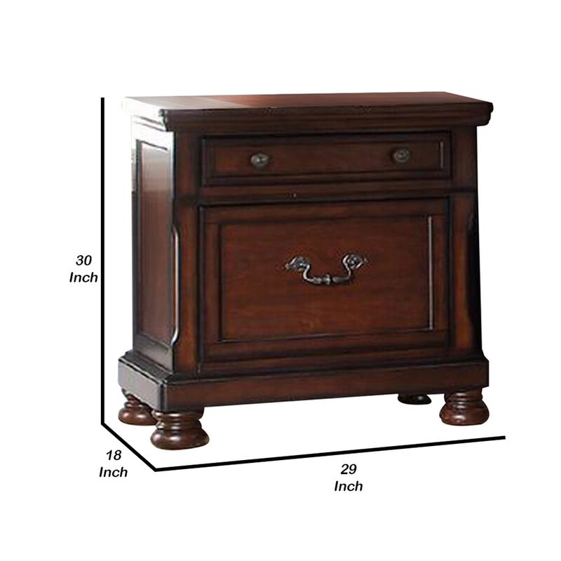 Two Drawers Wooden Nightstand with Bun Feet, Brown-Benzara