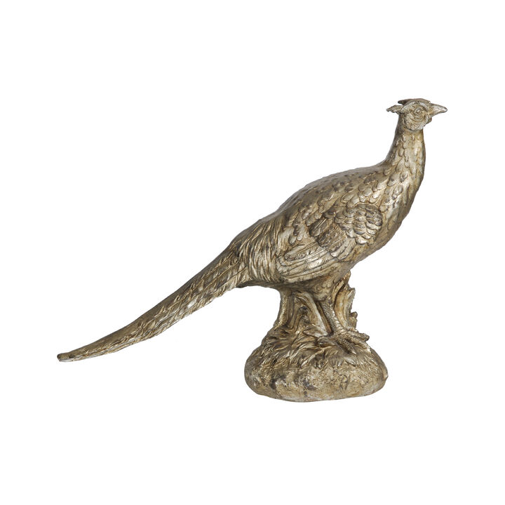 20 Inch Bird Sculpture Decor, Perched Pheasant, Antique Gold Resin-Benzara