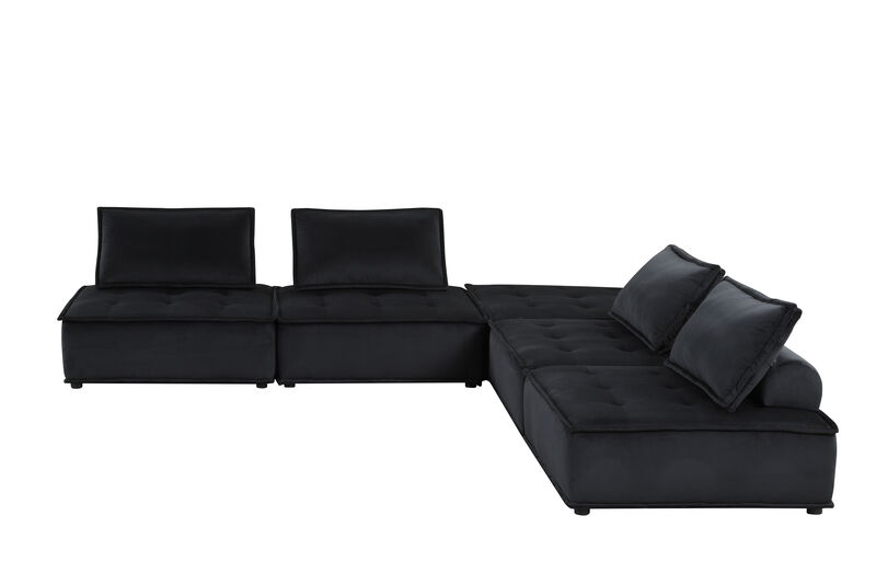 Anna Black Velvet 5 Piece Sectional Sofa Ottoman