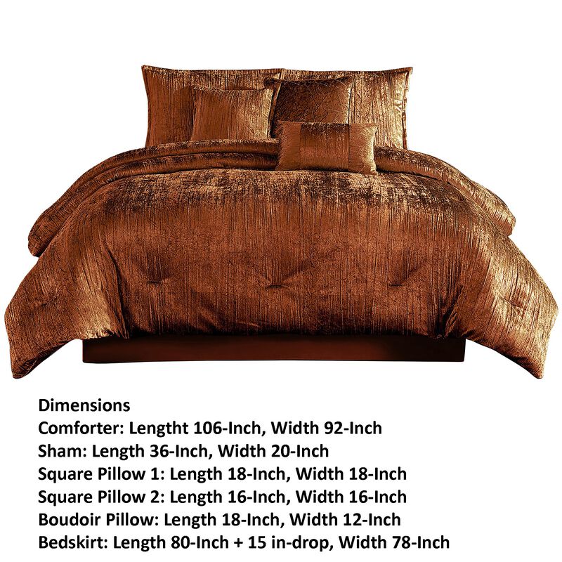 Jay 7 Piece King Comforter Set, Copper Polyester Velvet Deluxe Texture - Benzara