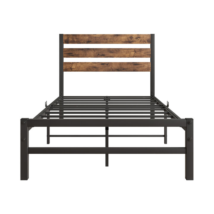 Hivvago TwinSized Platform Bedframe with Slats and Rustic Wooden Head Board